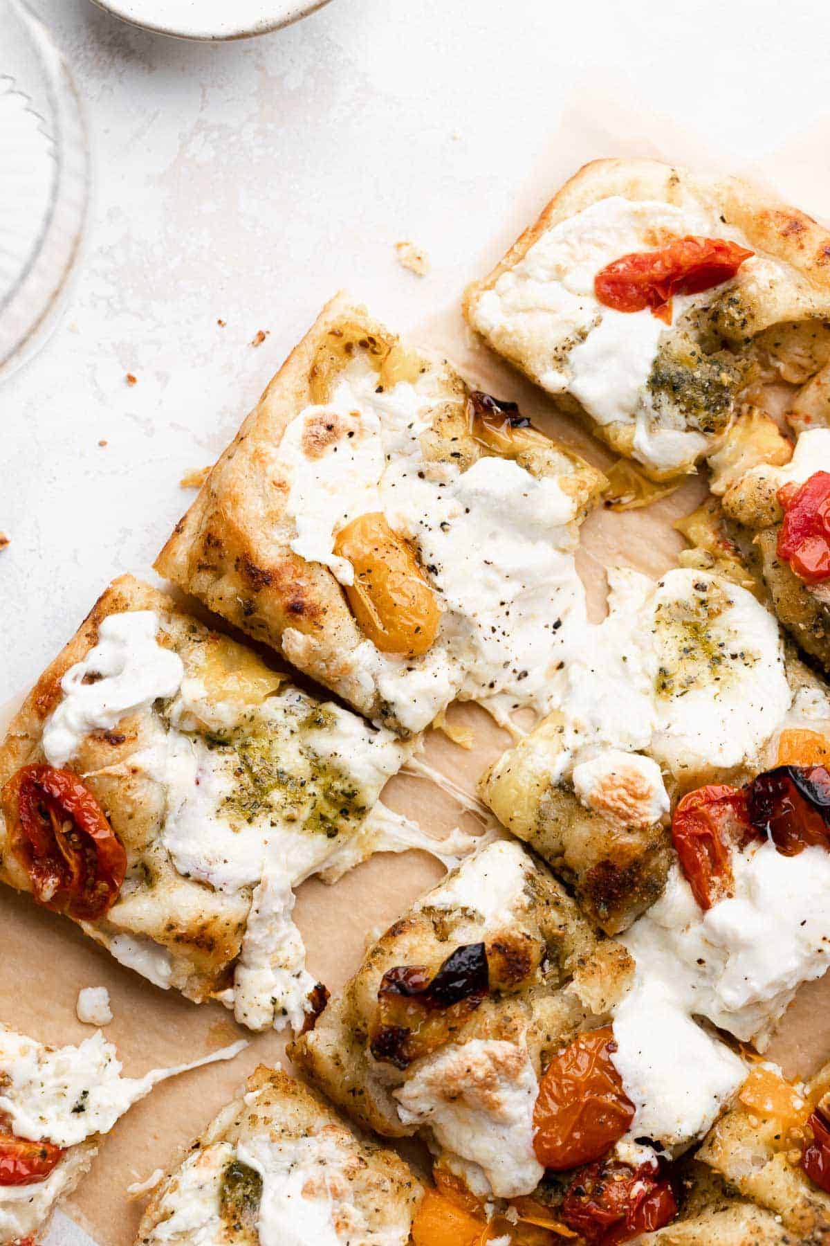 Fluffy Focaccia Pizza with Burrata and Pesto