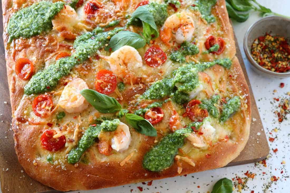 Roasted Shrimp and Pesto Pizza Focaccia