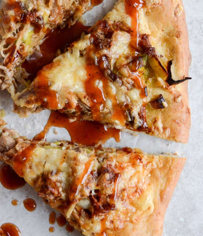 Pulled Pork Pizza with Maple Leeks and Aged Cheddar