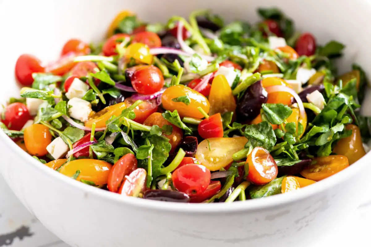 Tomato, Red Onion, Watercress Feta And Olive Salad
