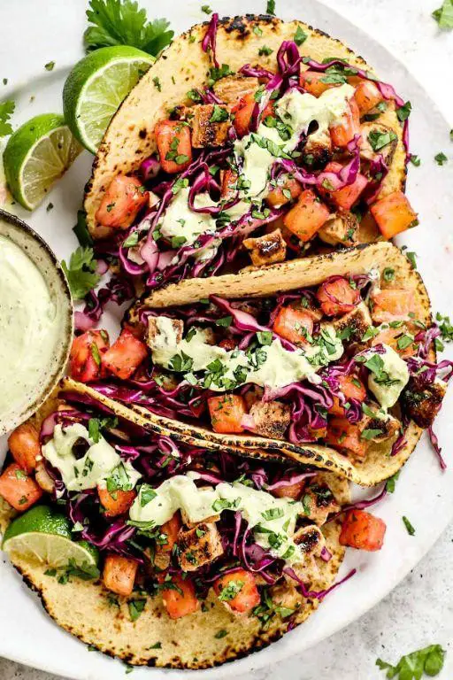 Caribbean Chicken Tacos with Avocado Crema