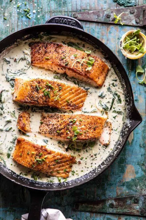 Grilled Salmon with Garlic Spinach