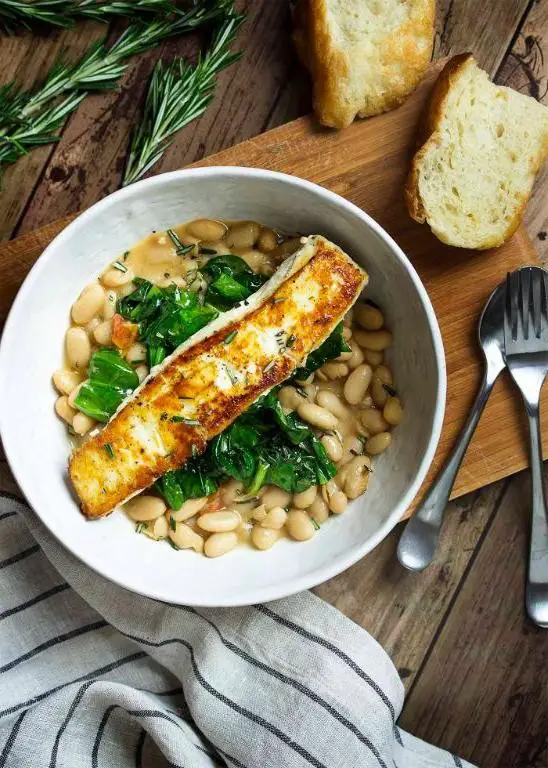 Halibut with Crispy Serrano Ham and White Bean Puree
