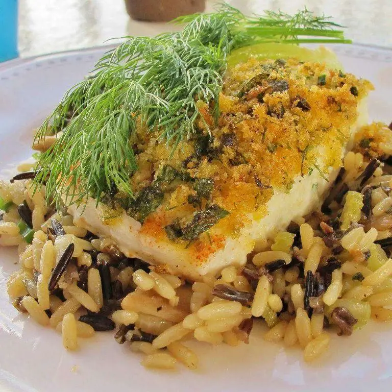 Halibut with Herb Crust and Vanilla Sauce