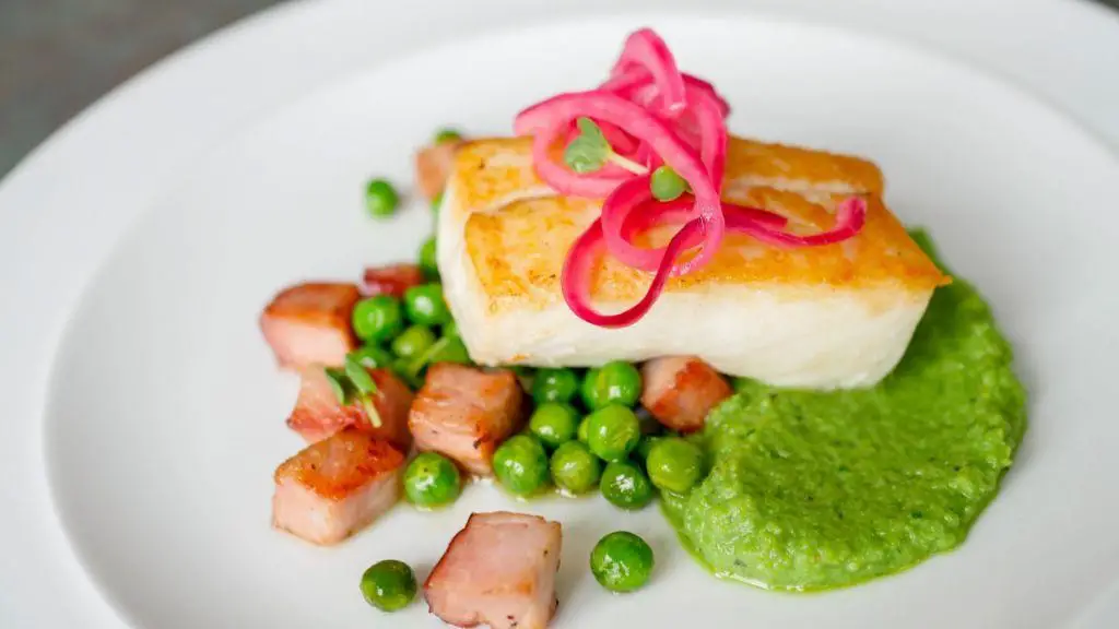 Halibut with Pea Puree and Mint Oil