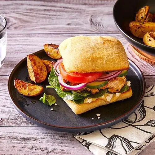 Mediterranean Rotisserie Chicken Sandwich with Hummus
