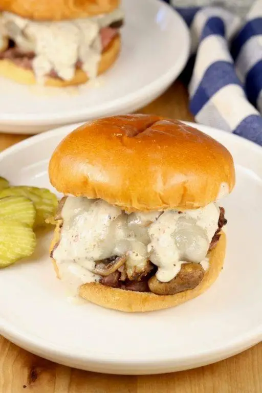 Pot Roast Sandwich with Swiss Cheese and Mushrooms