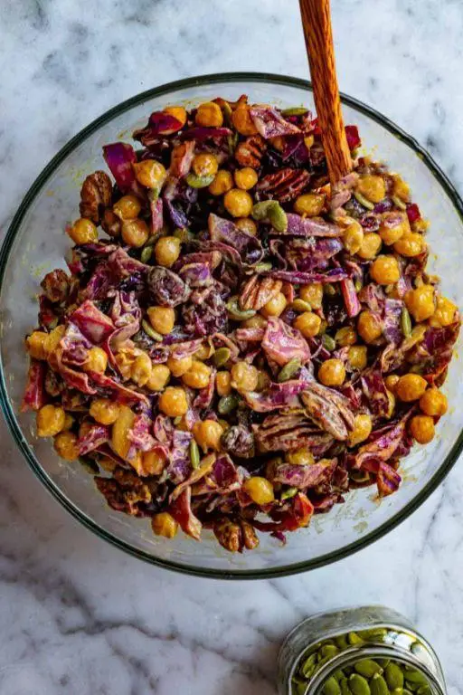 Red Cabbage Salad with Roasted Chickpeas and Tahini