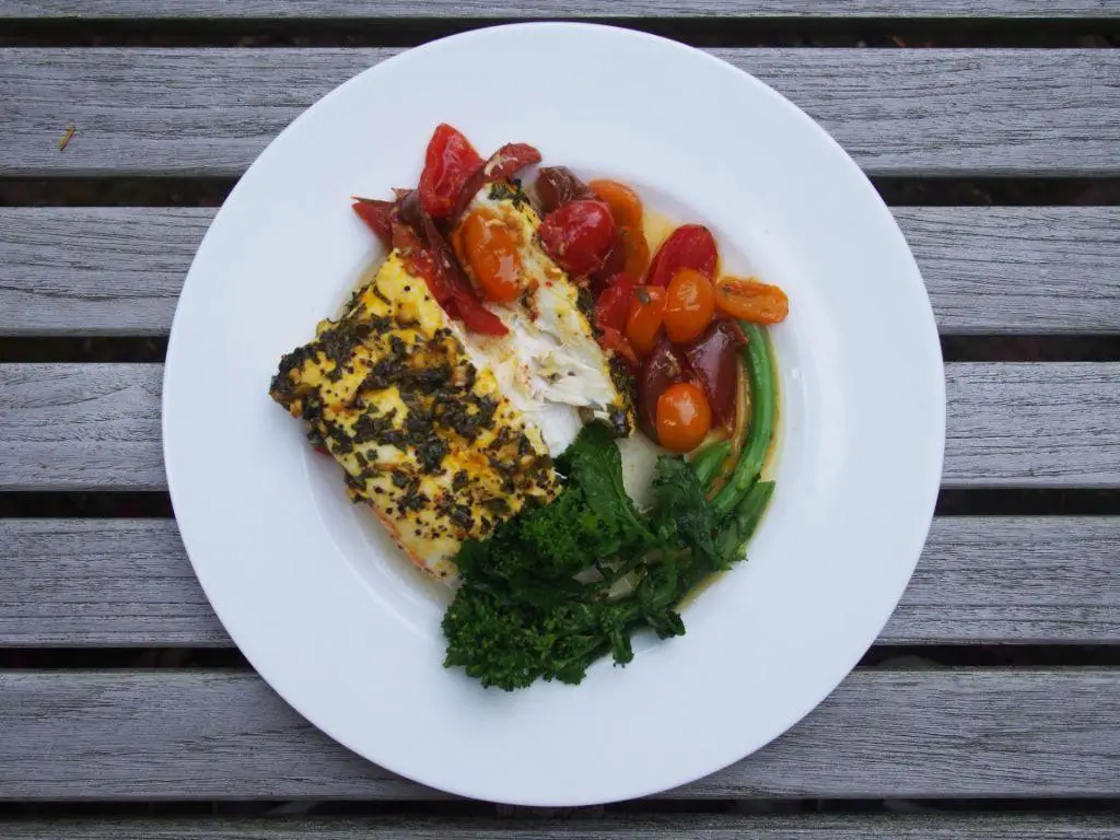 Roasted Halibut with Saffron Tomato Broth