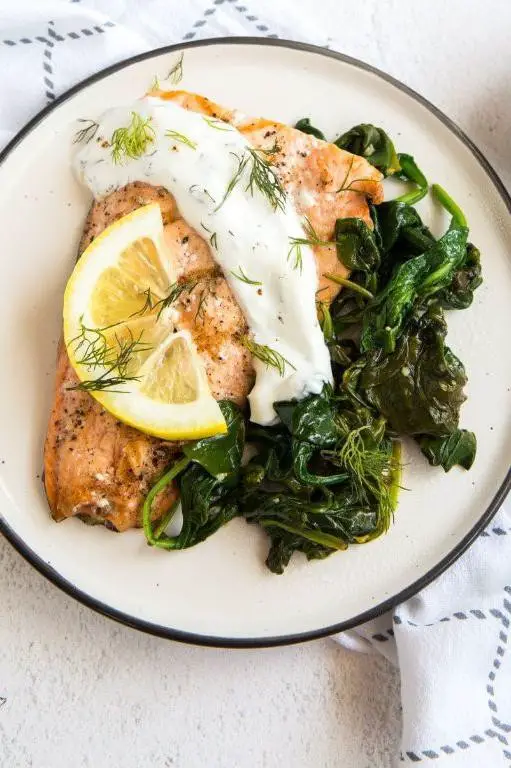 Spinach Wrapped Salmon with Dill Sauce
