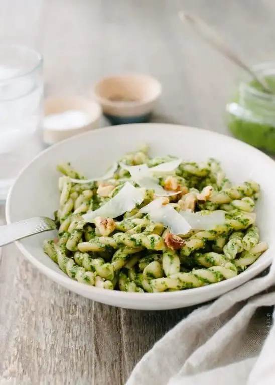 Vegan Swiss Chard and Walnut Pesto Pasta