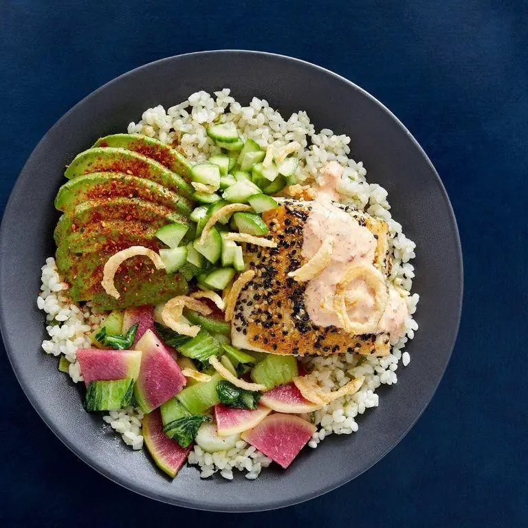Yellowtail Poke Bowl with Rice and Vegetables